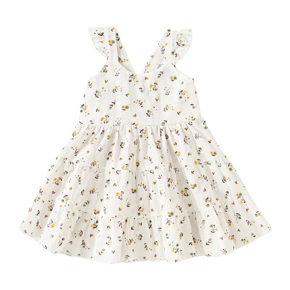 Girls Ruffle Strap Tiered Floral Cotton Dress