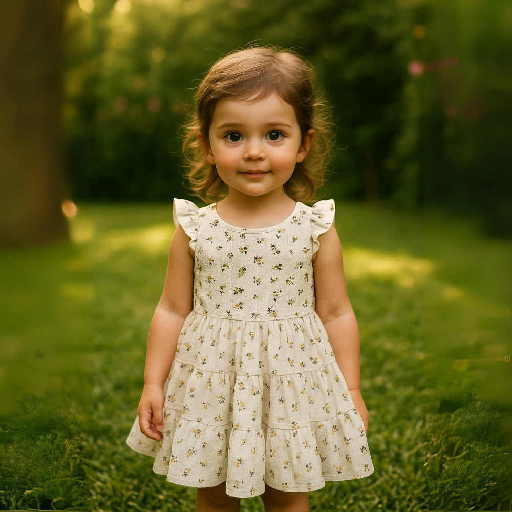Girls Ruffle Strap Tiered Floral Cotton Dress