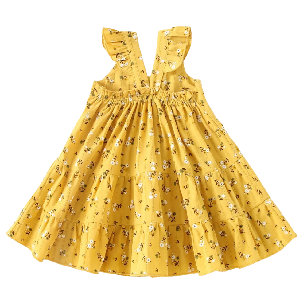 Girls Ruffle Strap Tiered Floral Cotton Dress