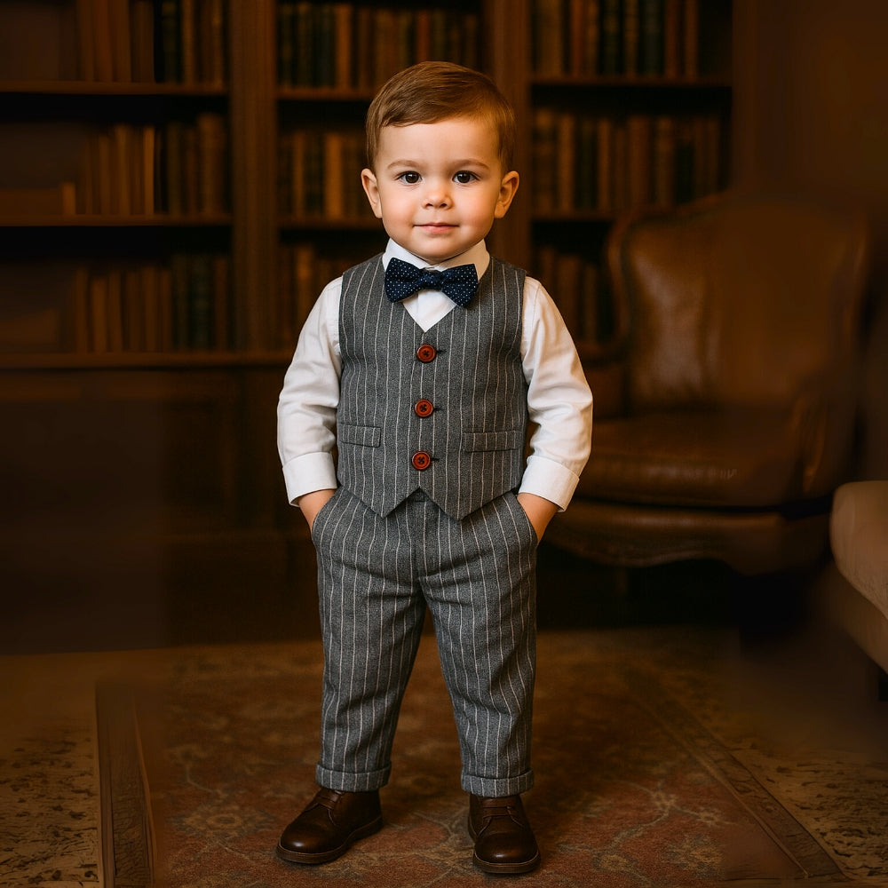 Handsome Pinstripe Vest and Bow Tie Boys Formal Set