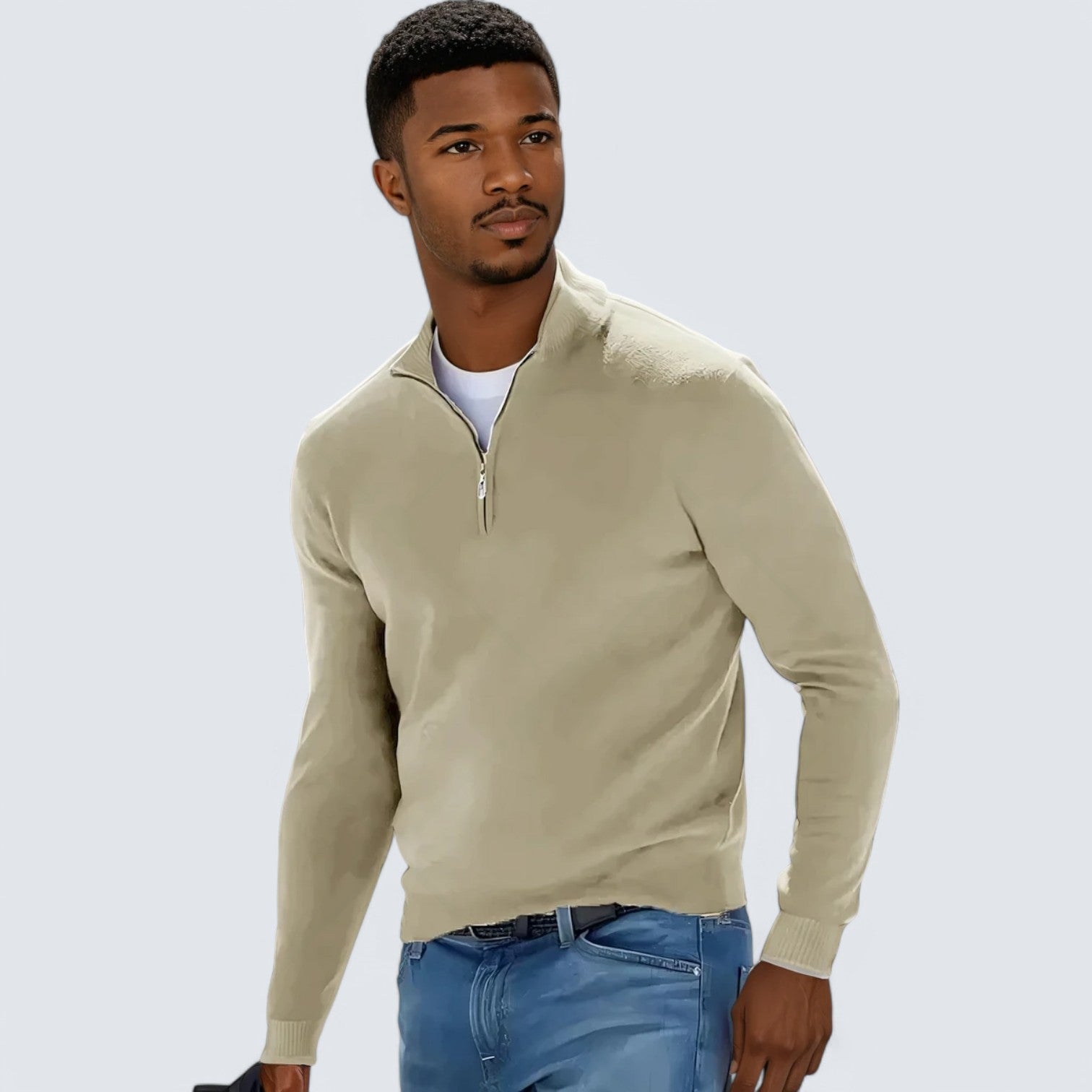 Pull en maille - Col en V à demi-zip et mélange de coton respirant