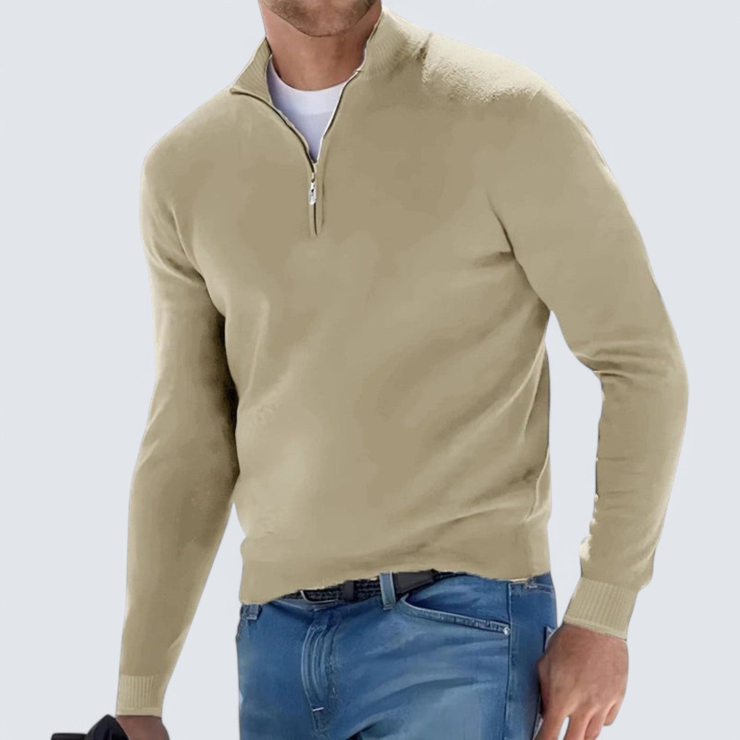 Pull en maille - Col en V à demi-zip et mélange de coton respirant