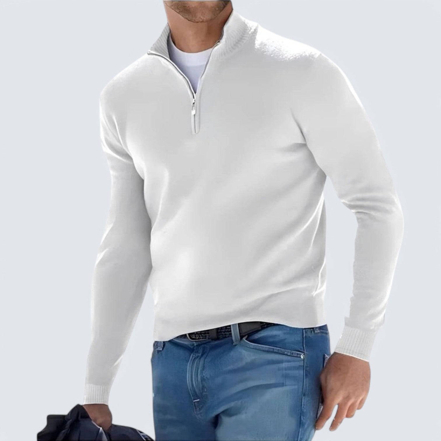 Pull en maille - Col en V à demi-zip et mélange de coton respirant