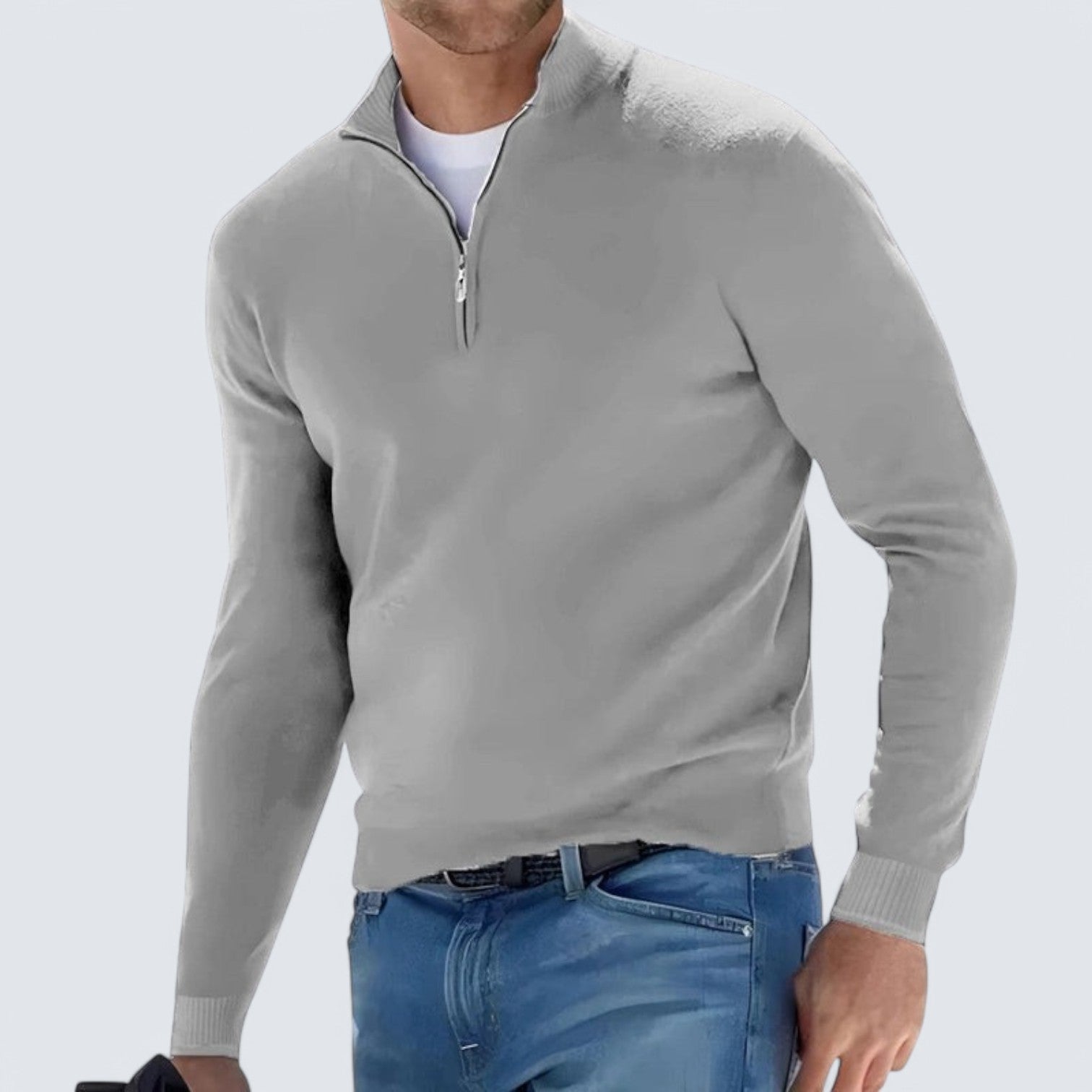 Pull en maille - Col en V à demi-zip et mélange de coton respirant