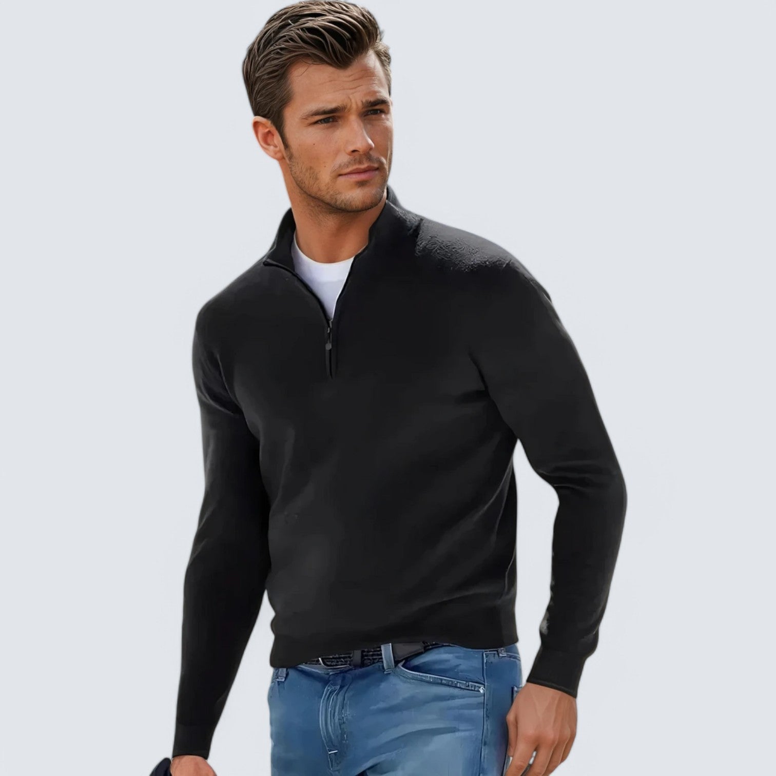 Pull en maille - Col en V à demi-zip et mélange de coton respirant