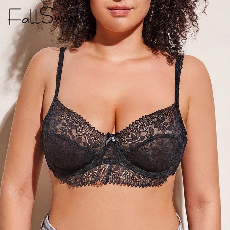 FallSweet Ultra Thin Lace Bra Transparent Unlined Brassiere Full Cup Minimizer Lingeries for Women DD Cup