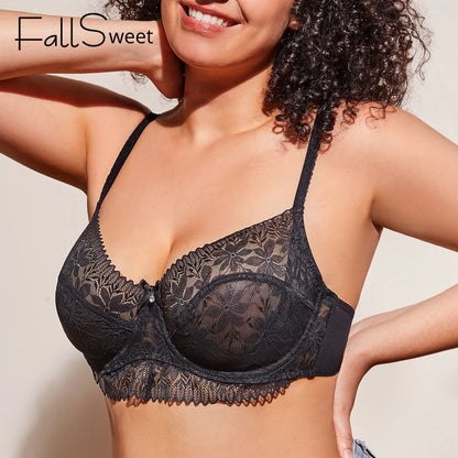 FallSweet Ultra Thin Lace Bra Transparent Unlined Brassiere Full Cup Minimizer Lingeries for Women DD Cup