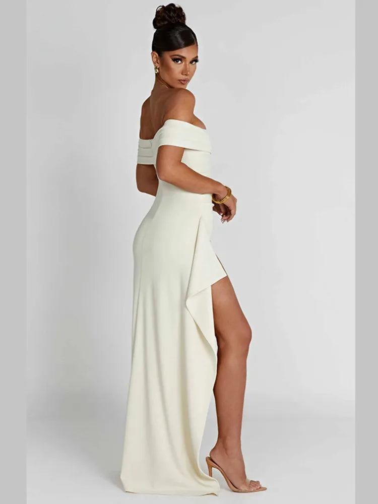 Bestselling for Dropshipping： Mozision Off-shoulder Ruffled Thigh High Split Maxi Dress