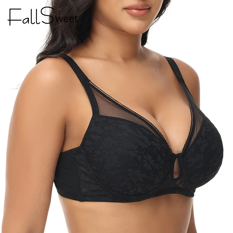 FallSweet Plus Size Bra for Women Push Up Underwire Bras Sexy Hollow Out Lingerie Thin Cup Brassiere Femme 34 to 44DD Cup