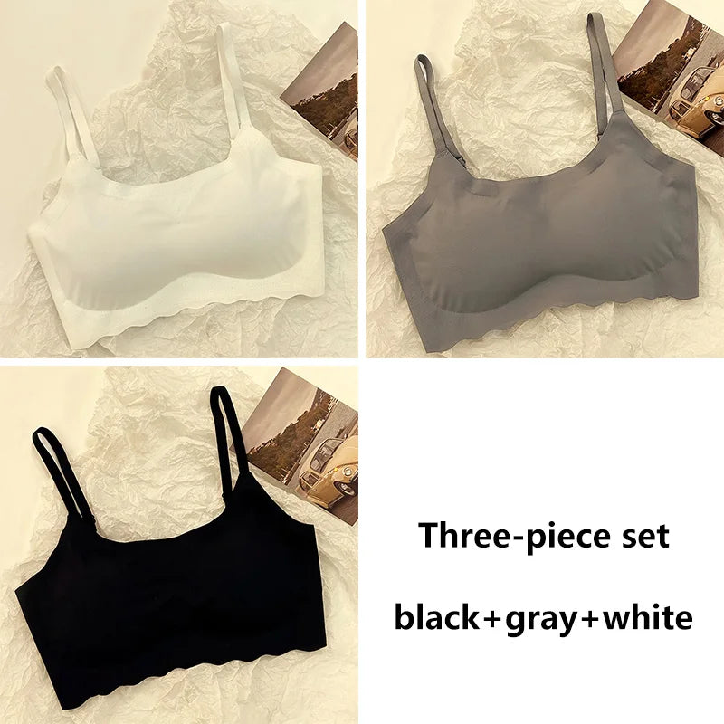3pcs Ice Silk Bra Solid Color Women's Fashion Simple Skin Friendly Yoga Exercise Breathable Sleep Bra No Steel Rim Underwear