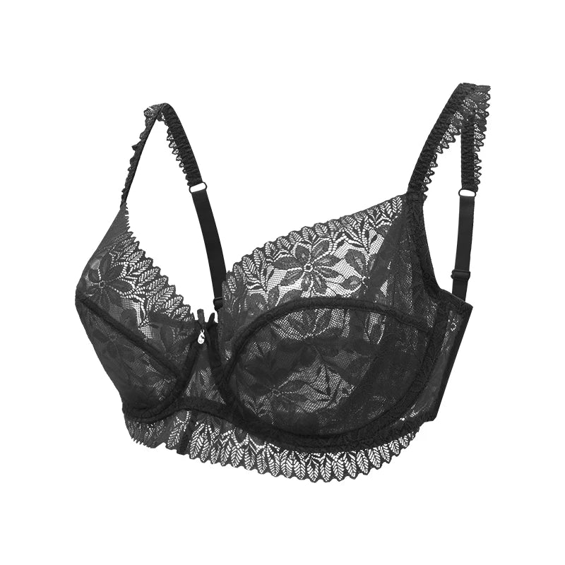 Soutien-gorge en dentelle ultra-fine FallSweet, transparent et sans doublure, bonnet DD, effet minimiseur. Lingerie pour femme.