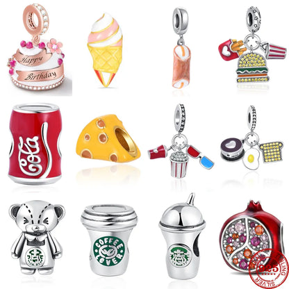 Fit Pandora 925 Original Bracelet Food Series Cola Coffee Burger Cheese Ice Cream Silver Charm Beads For DIY Jewelry Gift Making