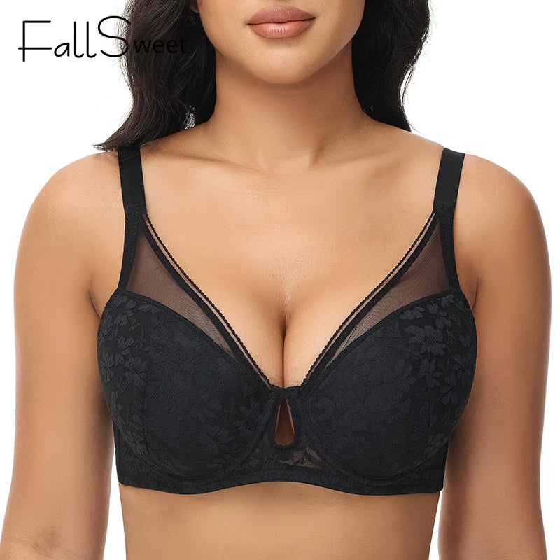 FallSweet Plus Size Bra for Women Push Up Underwire Bras Sexy Hollow Out Lingerie Thin Cup Brassiere Femme 34 to 44DD Cup