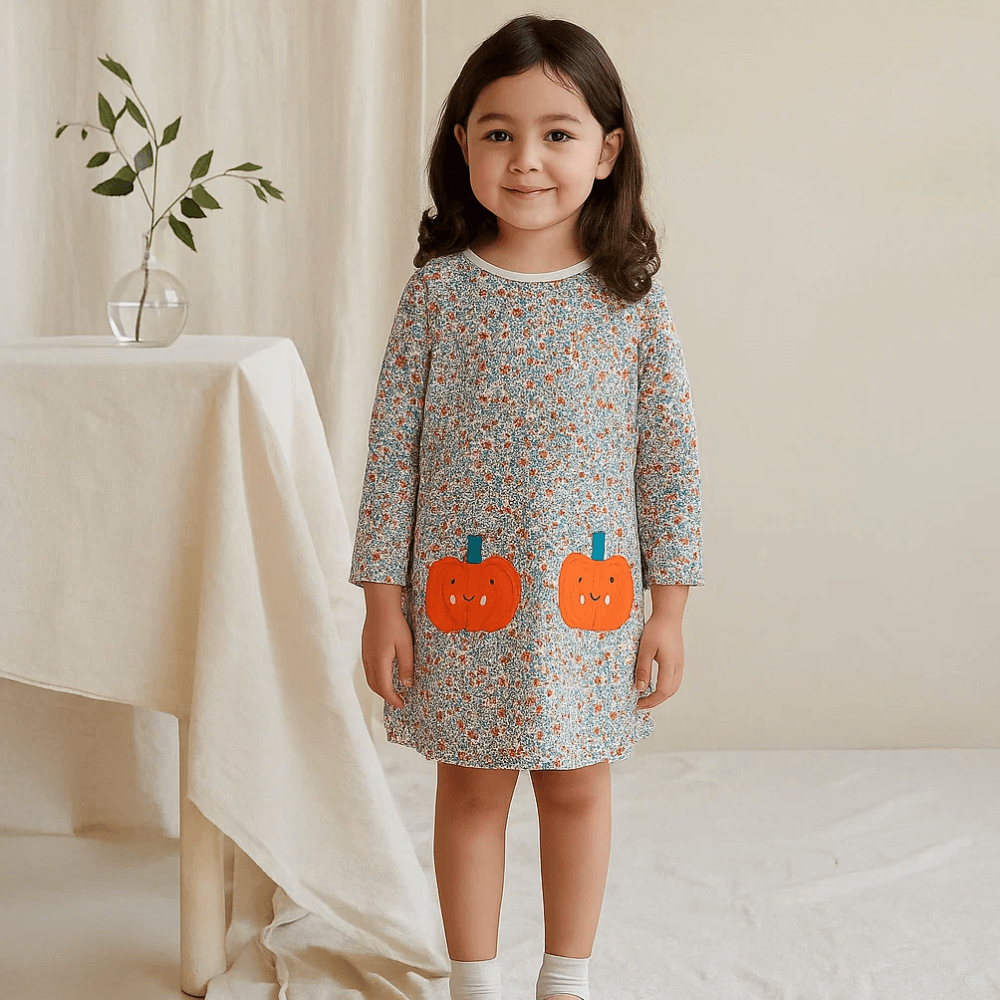 Sweet Pumpkin Floral Girls Long Sleeve Dress