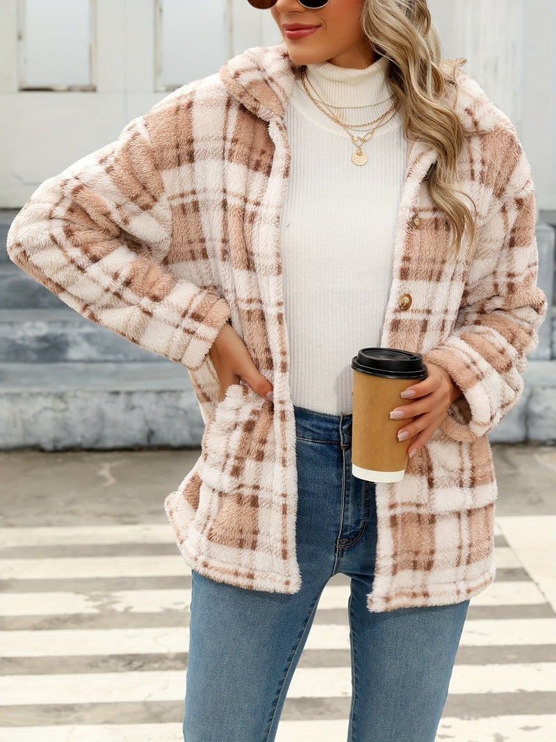 Teddy Coat – Plaid Print Polyester Blend & Warm Lining