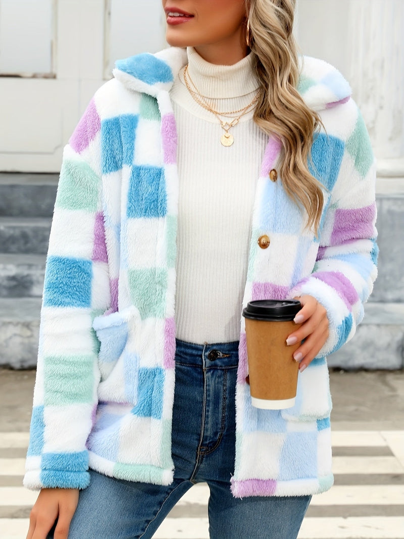 Teddy Coat – Plaid Print Polyester Blend & Warm Lining