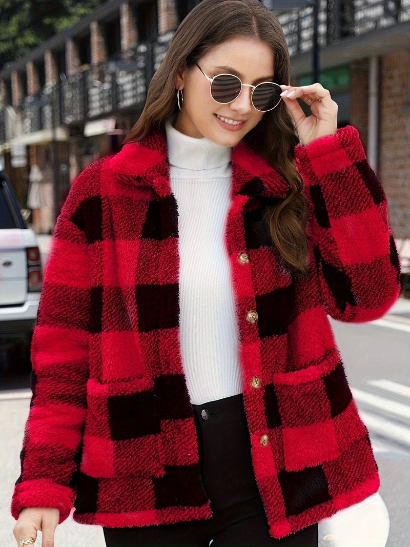 Teddy Coat – Plaid Print Polyester Blend & Warm Lining