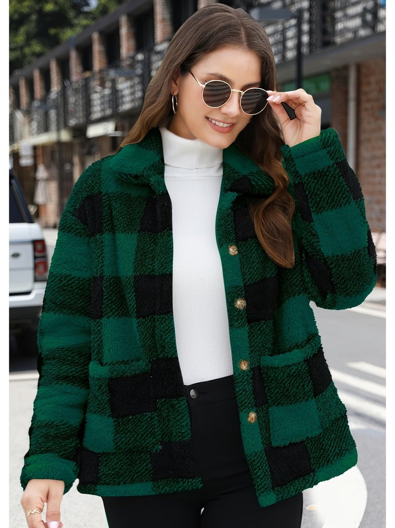 Teddy Coat – Plaid Print Polyester Blend & Warm Lining