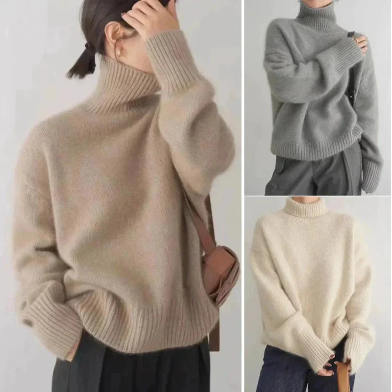 Wool-Blend Sweater - High Turtleneck & Warm Loose Shape