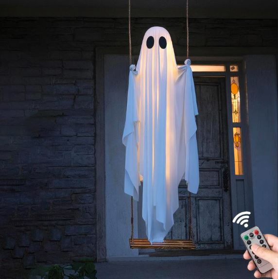 Halloween Outdoor Decoration, Large Hanging Swinging Ghost with Lights, Spooky Cute Haunted Tree Decor for Porch Yard